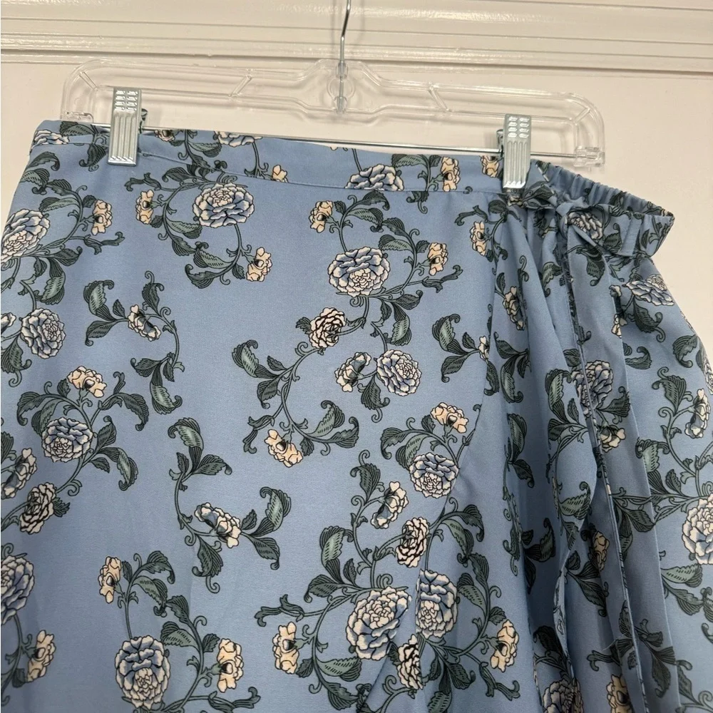 Blue Floral Faux Wrap Midi Skirt